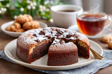 Chocolate cake slice with tea and cookies on wooden table