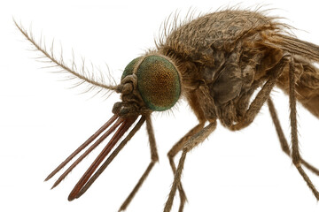 Mosquito head and proboscis with compound eye on transparent background, showing insect anatomy and disease vector concept
