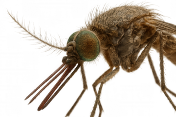 Mosquito head and proboscis with compound eye on transparent background, showing insect anatomy and disease vector concept