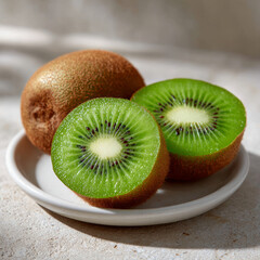 Sliced kiwi fruit on a white plate with natural lighting.