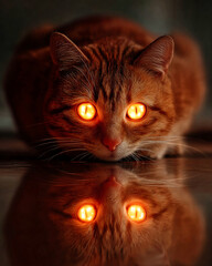 Close-up of orange tabby cat with glowing eyes reflecting on dark surface, Halloween atmosphere