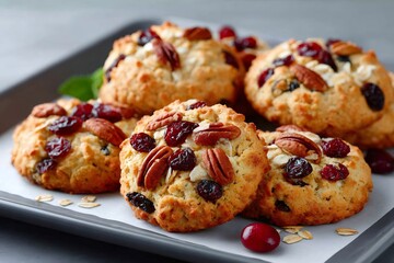 Oatmeal cranberry pecan cookies on baking tray
