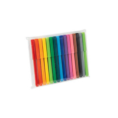 
colored markers in a transparent box