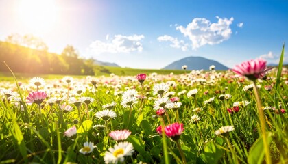 Obraz premium Meadow with lots of white and pink spring daisy flowers in sunny day