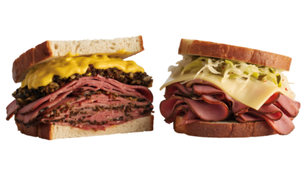 Two delicious piled high pastrami sandwiches with mouthwatering toppings ready to enjoy anytime anywhere