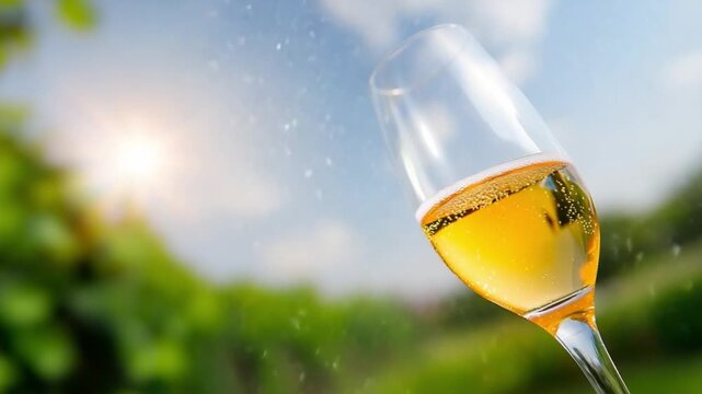 Golden Toast: A delicate champagne glass holds bubbly, golden nectar against the backdrop of a summer vineyard under a bright sunny day. capturing the essence of celebration and pleasure.