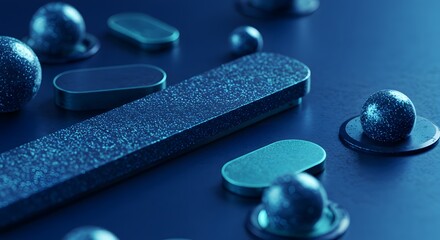 Abstract blue composition with textured geometric shapes, spheres, and oblongs on a dark surface