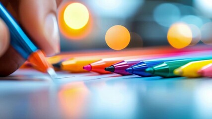 Color pencil drawing hand art creativity colorful closeup bokeh stationery school scene, vibrant pencils and pens on paper, macro detail - Powered by Adobe
