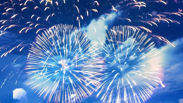 Bright and colorful fireworks explode in the night sky over a dark silhouette of trees, creating a festive atmosphere. 4k Video footage