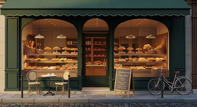 Charming Parisian Boulangerie P&acirc;tisserie Exterior with Freshly Baked Goods on Display and Outdoor Seating on a Cobblestone Street