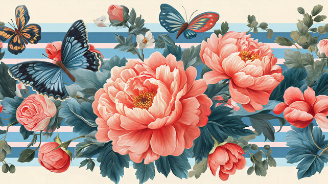 Floral stripe pattern featuring hand-painted roses, peonies, and paisley