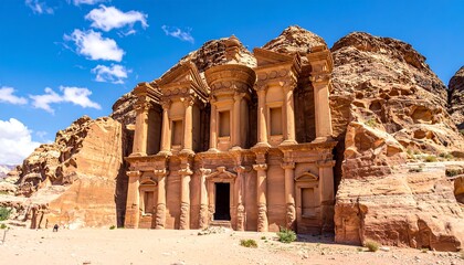 Ancient sandstone structure carved into a rock face under a blue sky with clouds