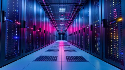 a high-tech server room bathed in blue and purple light, creating a futuristic and technologically advanced environment. The image features rows of servers.