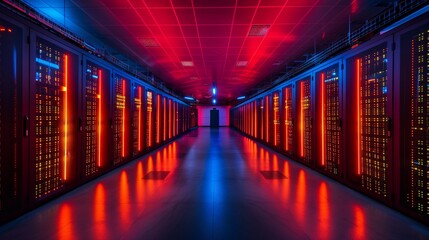 Illuminating servers in data center with red and blue neon lights