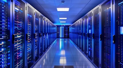 modern data center, showcasing a network of servers and data storage units. The scene is illuminated by cool blue lights