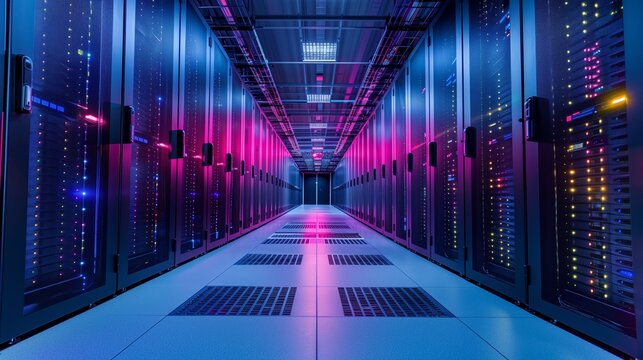 a high-tech server room bathed in blue and purple light, creating a futuristic and technologically advanced environment. The image features rows of servers.