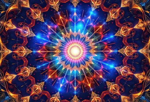 Kaleidoscopic, glowing, starburst mandala - Powered by Adobe