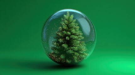 Miniature xmas tree inside christmas snow globe glass sphere on green background