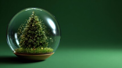 Miniature xmas tree inside christmas snow globe glass sphere on green background