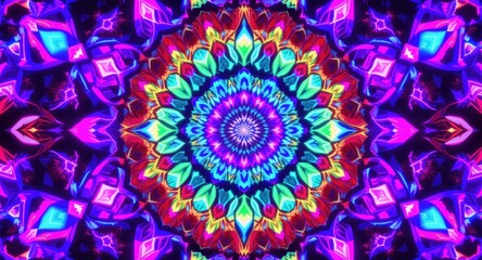 Vibrant kaleidoscope mandala with glowing, symmetrical patterns