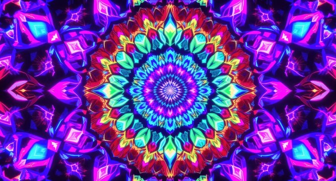 Vibrant kaleidoscope mandala with glowing, symmetrical patterns