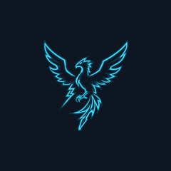 Obraz premium Neon blue mythical bird emblem with outstretched wings and lightning symbol on dark background. Glowing electric fantasy creature graphic.