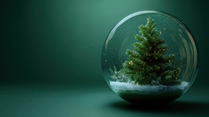 Miniature xmas tree inside christmas snow globe glass sphere on green background