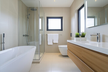 Fototapeta premium Modern minimalist bathroom features sleek design with freestanding bathtub, glass shower, and wooden vanity. space exudes