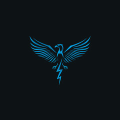 Obraz premium Stylized blue eagle with spread wings grasping a lightning bolt, representing strength, power, and speed on a dark background
