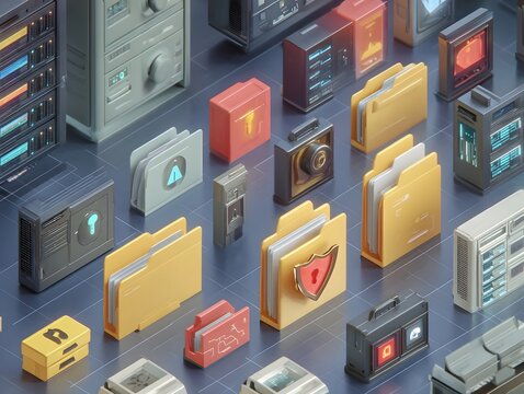 Isometric 3D folder icons represent digital security systems and open source code components