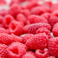 Ripe red raspberries filling the frame, creating a vibrant background texture of healthy natural fruit