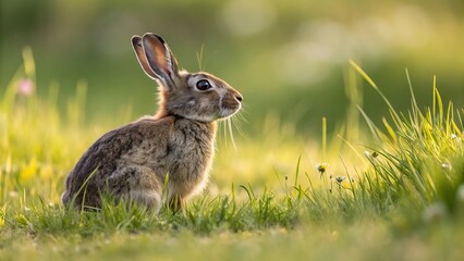 A cute brown bunny with long ears sits in the green grass of a field, a furry wildlife animal of nature