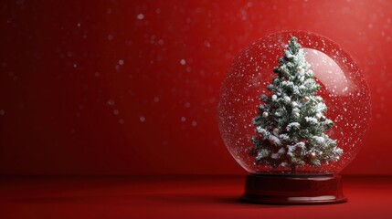 Christmas snow globe with decorated xmas tree inside on red background 