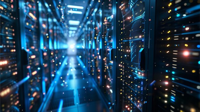 a high-tech data center with servers and network equipment, emitting a cool blue light, symbolizing the digital world