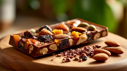 Gourmet artisanal chocolate with rich texture, showcasing whole almonds, pistachios, and fruit in a warm, inviting setting.