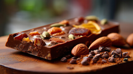 A rustic, handcrafted chocolate bar loaded with nuts and dried fruit, resting on a wooden board in soft, natural light.