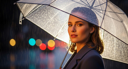 Elegant woman confidently navigates a rainy city night with clear umbrella, perfect for portraying resilience and urban sophistication in advertising