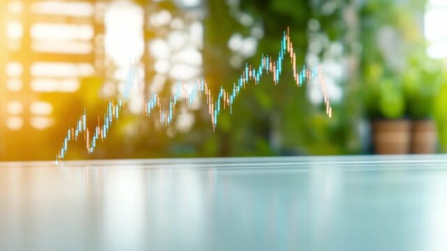 Stock Market Analysis: A vibrant graph representing the volatility of the stock market on a reflective surface, set against a backdrop of lush greenery.