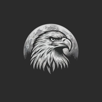 Striking Eagle Head Illustration with Detailed Features Against a Full Moon on a Dark Background, Majestic Wildlife Art