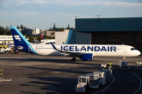 An Icelandair Airbus A321 on taxiway at Seattle-Tacoma International Airport - Seattle, Washington, USA