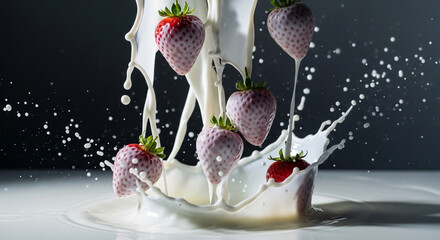 Juicy strawberries splash into creamy milk creating an irresistible, decadent dessert moment perfect for advertising