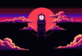 Pixelated clock tower at dusk, red sun, puffy clouds