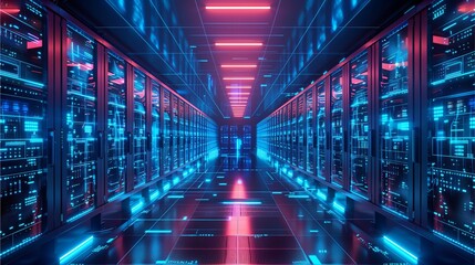 a modern server room bathed in cool blue and red neon light. The data center is filled with rows of servers