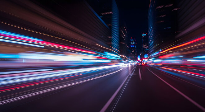 Abstract motion blur of city lights at night, creating a dynamic and energetic scene, ideal for conveying speed, travel, and urban life