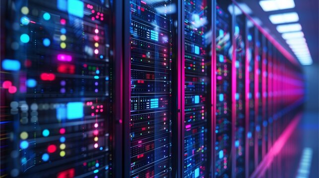 Modern server room with bright, colorful lights, showing data center infrastructure and technology