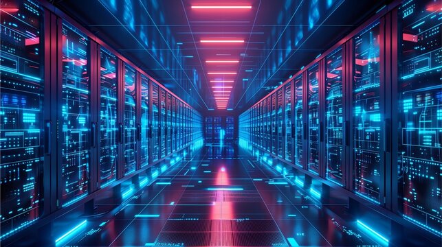 a modern server room bathed in cool blue and red neon light. The data center is filled with rows of servers