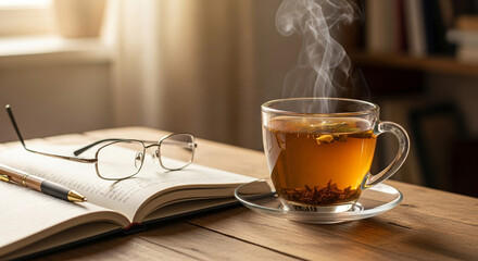 Steaming hot herbal tea in a clear glass cup rests beside an open journal and reading glasses on a wooden desk, evoking cozy study or relaxation moments.