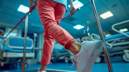 Rehabilitation progress in a hospital environment. A person confidently takes steps during physiotherapy