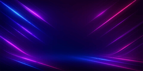 Bright, glowing blue and purple abstract backgrounds with star and laser-like rays illustrate a dynamic space design of energy and motion