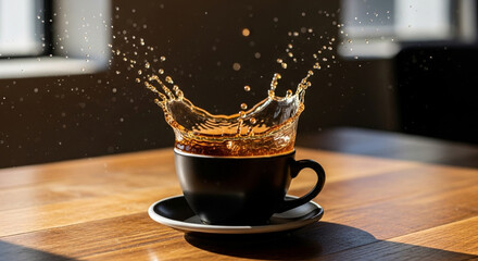 Dynamic coffee splash frozen in time captures the vibrant energy of your morning ritual, a perfect shot for beverage advertising.